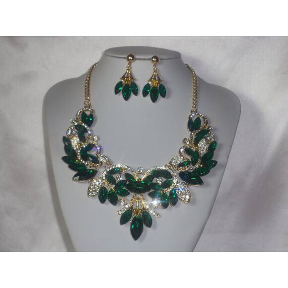 green Rhinestone Necklace Set Wedding MOB Bridal Prom Necklace Party Formal - Picture 2 of 7